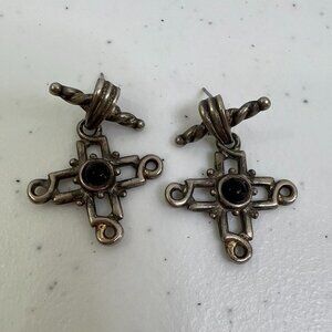 Mpact‎ Earrings Cross Swirl Silver Tone Brutalist Black Dangle Swirl Twist